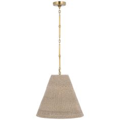 a light fixture with a beige fabric shade on the bottom and a gold chain hanging from it