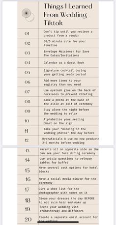 an info sheet with the words things i learned from wedding titles