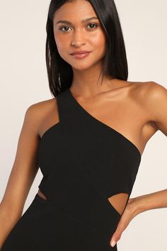 Get ready to take everyone's breath away with the Lulus Show-Stopping Style Black One-Shoulder Cutout Maxi Dress! Medium-weight techno crepe knit shapes a one-shoulder neckline and a fitted bodice with two asymmetrical side cutouts. The figure-hugging silhouette flows to a column maxi skirt, accented with a flirty, thigh-high side slit. Hidden back zipper/clasp. Fit: This garment fits true to size. Length: Floor length. Size medium measures 59" from shoulder to hem. Bust: Great for any cup size. Modest Baddie, Prom Inspo, Junior Prom, Hugging Silhouette, Cutout Maxi Dress, Black Dress Formal, Black Gown, Satin Maxi Dress, Selling Clothes