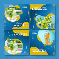 four banners with lemonade and ice in them on a blue background, there is a yellow circle around the banner