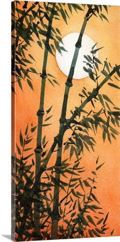 a painting of bamboo trees with the sun setting in the distance behind them, on an orange background