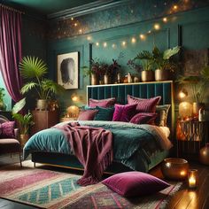 a bedroom decorated in green and purple with lots of plants on the wall above the bed