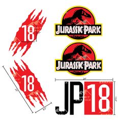 the logo for the park is shown in red and black, with an image of a dinosaur