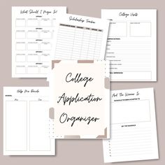 four notebooks with the words college application organizer written in cursive writing on them