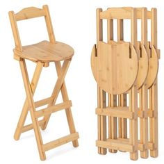 a wooden folding chair next to a stack of plates and trays on a white background