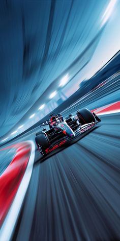 a red and white race car speeding through the city at high speed with motion blur