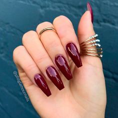 Coffin Burgundy Nails, Burgundy Nail Designs, Maroon Nails, Pointy Nails, Fall Nail Art Designs, Colorful Nails, Burgundy Nails, Disney Nails, Colorful Nail Designs