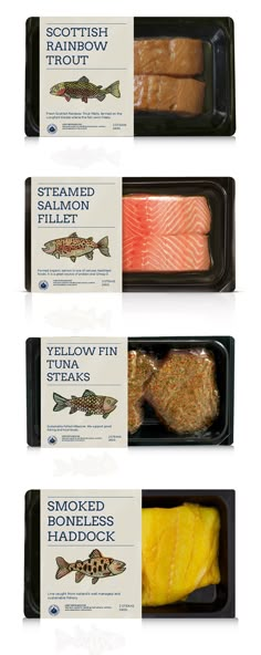 four different types of fish are in the packaging for this meal, including salmon and yellowfin