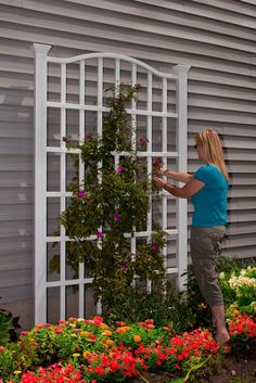 a woman is working on a trellis in front of a house with flowers around it