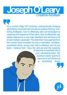 a man in a blue hoodie with the text joseph olleay creative adviser