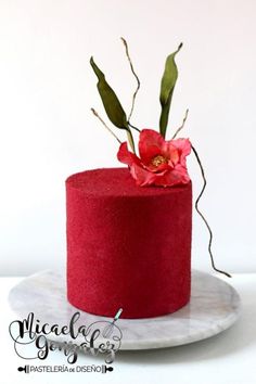 a red cake decorated with flowers and greenery on a marble plate against a white background