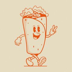 a cartoon burrito running and smiling with his hands in the air while making a peace sign