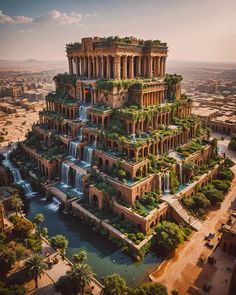 an aerial view of a building with plants growing on the side and water running down it