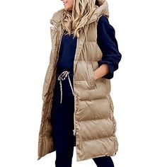 Long Hooded Jacket, Trendy Outerwear, Long Puffer Jacket, Elegant Blazers, Cozy Coats, Gilet Long, Long Puffer, Hooded Vest, Cotton Vest