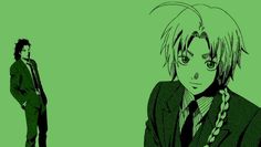 two anime characters standing next to each other in front of a green background with black and white lines