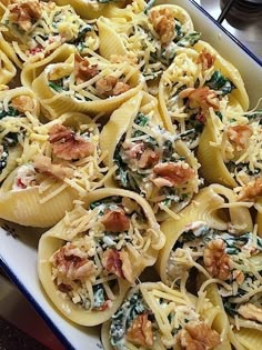 pasta shells with spinach, chicken and cheese in a casserole dish