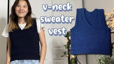 a woman standing in front of a blue sweater vest with the words v - neck sweater vest on it