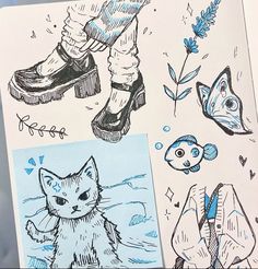 an image of some drawings with cats and fish on them in the water, one is wearing rubber shoes