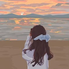 a painting of a girl looking out at the water with her back to the camera