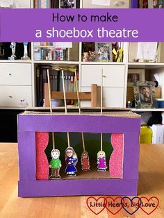 a purple box with pops sticks sticking out of it and the words how to make a shoebox theatre