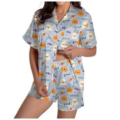 PRICES MAY VARY. ✅AND PLEASE NOTE TO CHECK THE SIZE CHART IN THE PRODUCT DESCRIPTION. (NOT AMAZON SIZE CHART!) 【Material】: Halloween Satin pajama set for women is made of Premium soft comfortable silk fabric.Ultra-soft, breathable, durableand and classic sleep set. 【Pajama Bottoms】:Two piece pajama shorts set for women with soft elastic waist that fits for any body size and makes relaxing as comfort as possible.This Halloween pjs for women Perfect for sleepwear,night wear or loungewear 【Pajama T Cute Halloween Pajama Party Sleepwear, Affordable Orange Halloween Sleepwear, Playful Halloween Sleepwear, Cute Cotton Halloween Sleepwear, Fun Cartoon Print Short Sleeve Sleepwear, Summer Pajama Set, Womens Loungewear Sets, Silk Pajamas Women, Womens Pjs