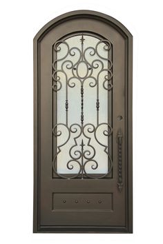 an iron door with glass on the front and side panels, which are dark brown