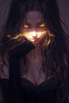 a woman with glowing yellow eyes and long dark hair holding her hand to her face