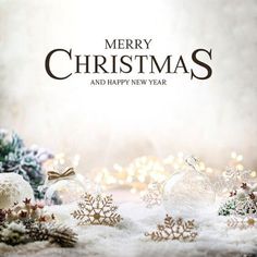 a merry christmas and happy new year greeting card with snowflakes, baubles and pine cones