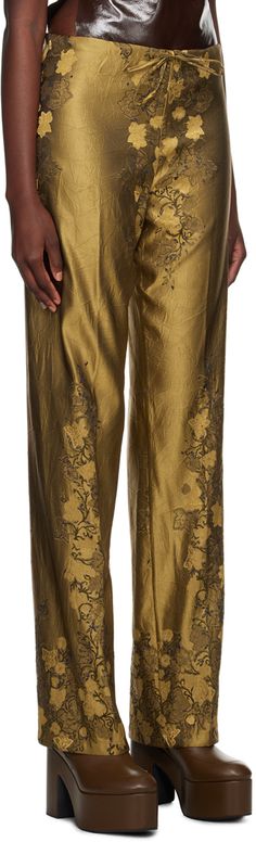 Crinkled polyester- and viscose-blend damask trousers. Jacquard floral pattern throughout. · Drawstring at waistband · Creased legs Supplier color: Ocra Gold Pants, Floral Trousers, Dries Van Noten, Gold Floral, Silk Crepe, Drawstring Pants, Straight Pants, Damask, Black Pants