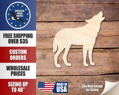 a wooden cutout of a wolf with the american flag in the background