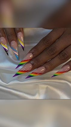 Pride Stilleto Nails, Pride Flag Nails Designs, Pride Short Nails Designs, Acrylic Nails Colour Ideas, Neon Pride Nails, Goth Pride Nail, Acrylic Nail Designs Rainbow, Gay Pride Nails Acrylic, Lgbtq Nails Acrylic