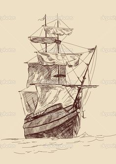 an old sailing ship in the sea with sails drawn by hand on beige background stockvector