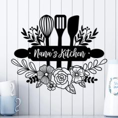 Nana's Kitchen Metal Sign, Cute Kitchen Sign, Personalized Kitchen Sign (with your choice of name: Grandma, Mimi, Gigi, Nana, Mama or First Name) Elevate your home decor with a beautiful personalized metal sign with kitchen tools and flowers. Made with 18 gauge steel and powder coated in your choice of 5 colors, this kitchen sign is built to withstand the elements for years of enjoyment. This is a perfect Christmas or birthday gift for the woman who loves to cook! A unique statement for her kitc Grandma Kitchen Sign, Grandma's Kitchen Sign, Personalized Kitchen Signs, Kitchen Decor Themes Colorful, Cricut Kitchen Ideas, Bedroom 90s, Kitchen Boards, Aesthetic Work Desk, Wooden Kitchen Signs