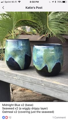 two blue cups sitting on top of a wooden table next to plants and potted plants