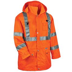 Class 3 Rain Jacket: Breathable poly shell keeps the rain out while letting perspiration escape. GloWear Adult Unisex Orange Hooded Work Jacket (3Xl) Polyester | 24317 Jacket Drawing, Thermal Vest, Work Jacket, Jacket Parka, Work Jackets, Shell Jacket, Rain Wear, Radios, Traditional Outfits