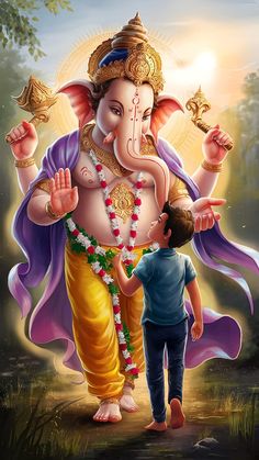 a painting of the god ganesh with a young boy standing in front of him