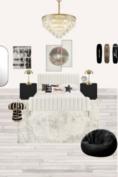 a bedroom with white furniture and black accents