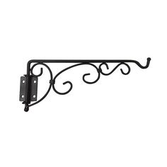 wrought iron shelf bracket with decorative scroll design on the top and bottom, black finish