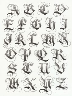 the upper and lower letters of an old english alphabet, with swirly writing on it