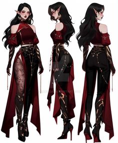 three different views of a woman with long black hair and wearing red clothing, standing next to each other