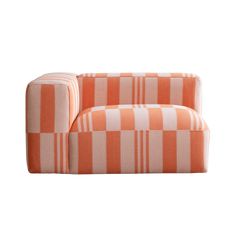 an orange and white checkered couch on a white background