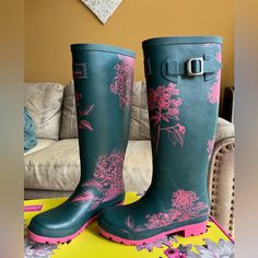 Joules Rain Boots: New With Tags! Size 5. Teal And Pink. Comes With Original Box And Packaging. Pink Waterproof Spring Boots, Pink Rain Boots For Outdoor, Casual Pink Rain Boots For Outdoor, Trendy Pink Boots For Outdoor, Trendy Pink Outdoor Boots, Green Rain Boots With Round Toe For Spring, Pink Waterproof Rain Boots, Dog Rain Boots, Joules Rain Boots