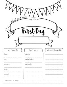 the first day of school worksheet is shown with flags and buntings