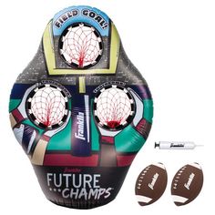 an inflatable football with the words future champs written on it and two ear plugs