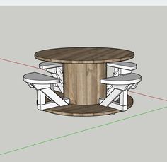 a drawing of a round table with four stools on the bottom and one chair at the top