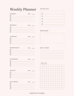 the printable weekly planner is shown in black and white