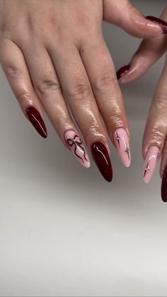 #cutenails #bow #bownails #rednails #red #coquette Fun Holiday Nail Designs, Maroon Bow Nails, Maroon Birthday Nails, Bow Fall Nails, Acrylics With Bows, Bow Red Nails, Red Fall Acrylic Nails, Subtle Christmas Nails Almond, Christmas Nails Chic