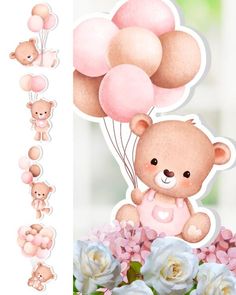 a teddy bear with pink balloons and flowers