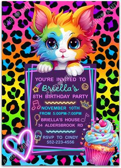 a colorful birthday party with a cat and cupcake