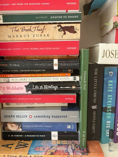 a stack of books sitting on top of a wooden table